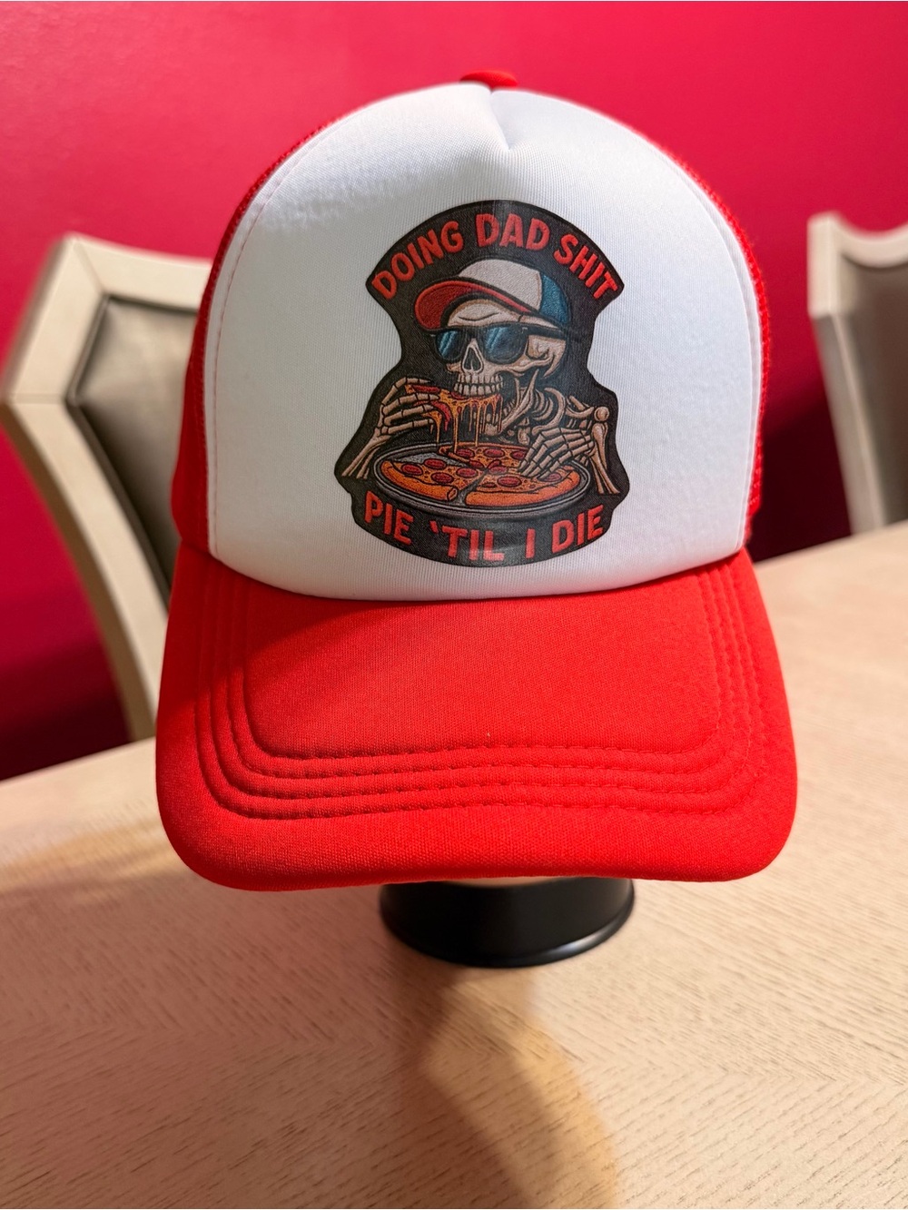 Red and White Trucker Hat with Skull Pizza Graphic